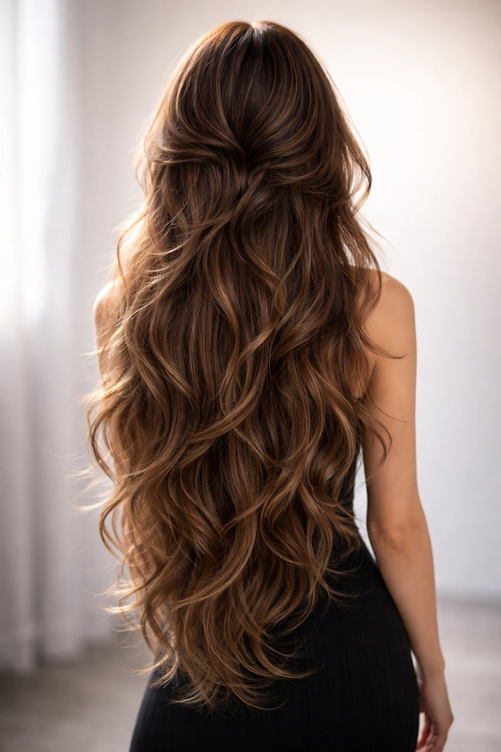 Long jellyfish haircut with flowing waves and crown volume