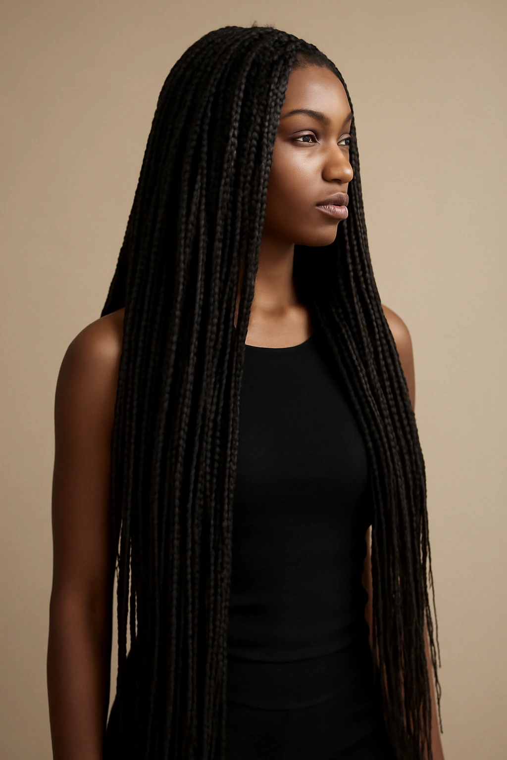 Long knotless braids cascading past shoulders with dramatic length