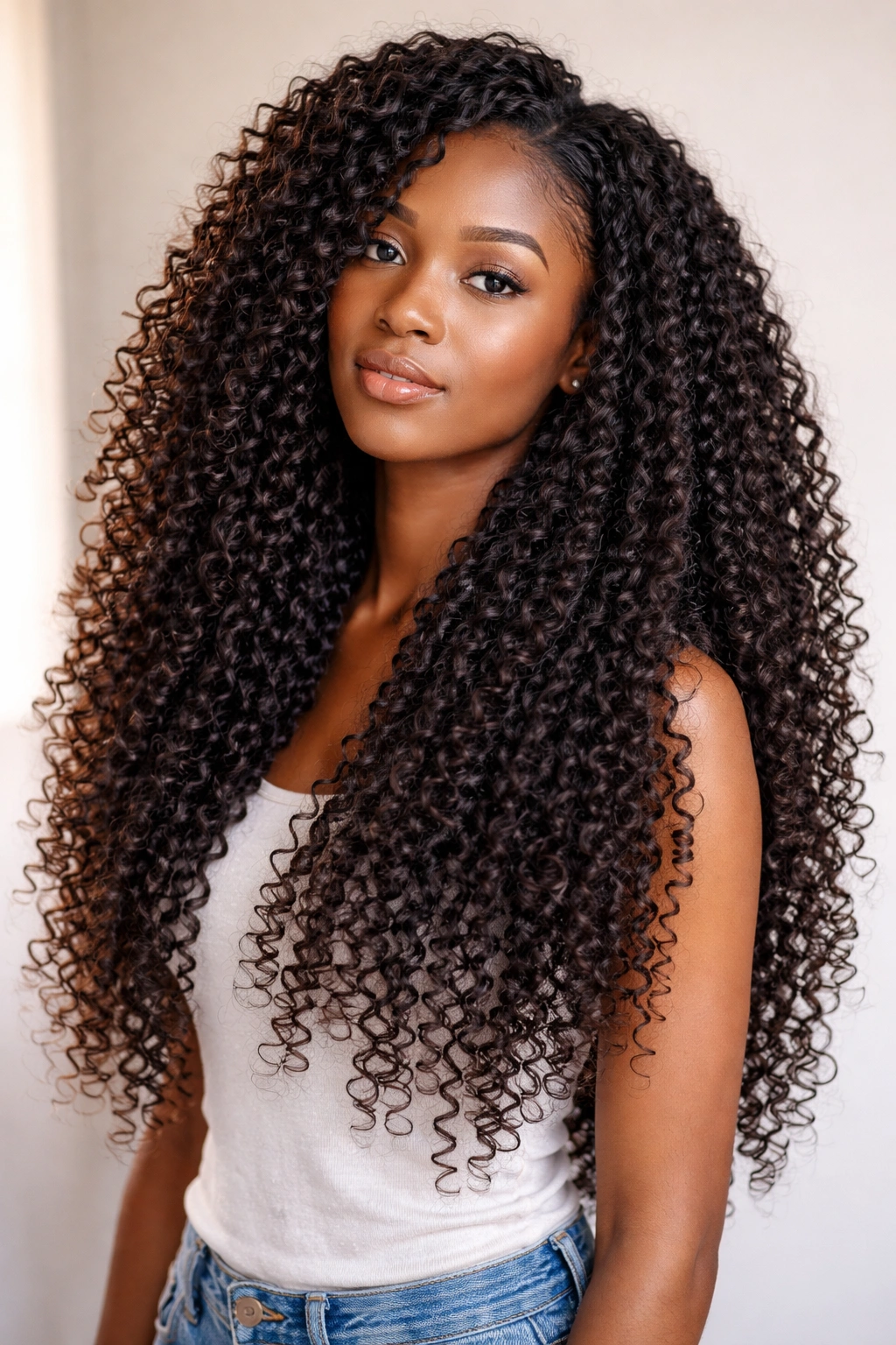 Long layered 4A curls in studio portrait showing movement and defined layers