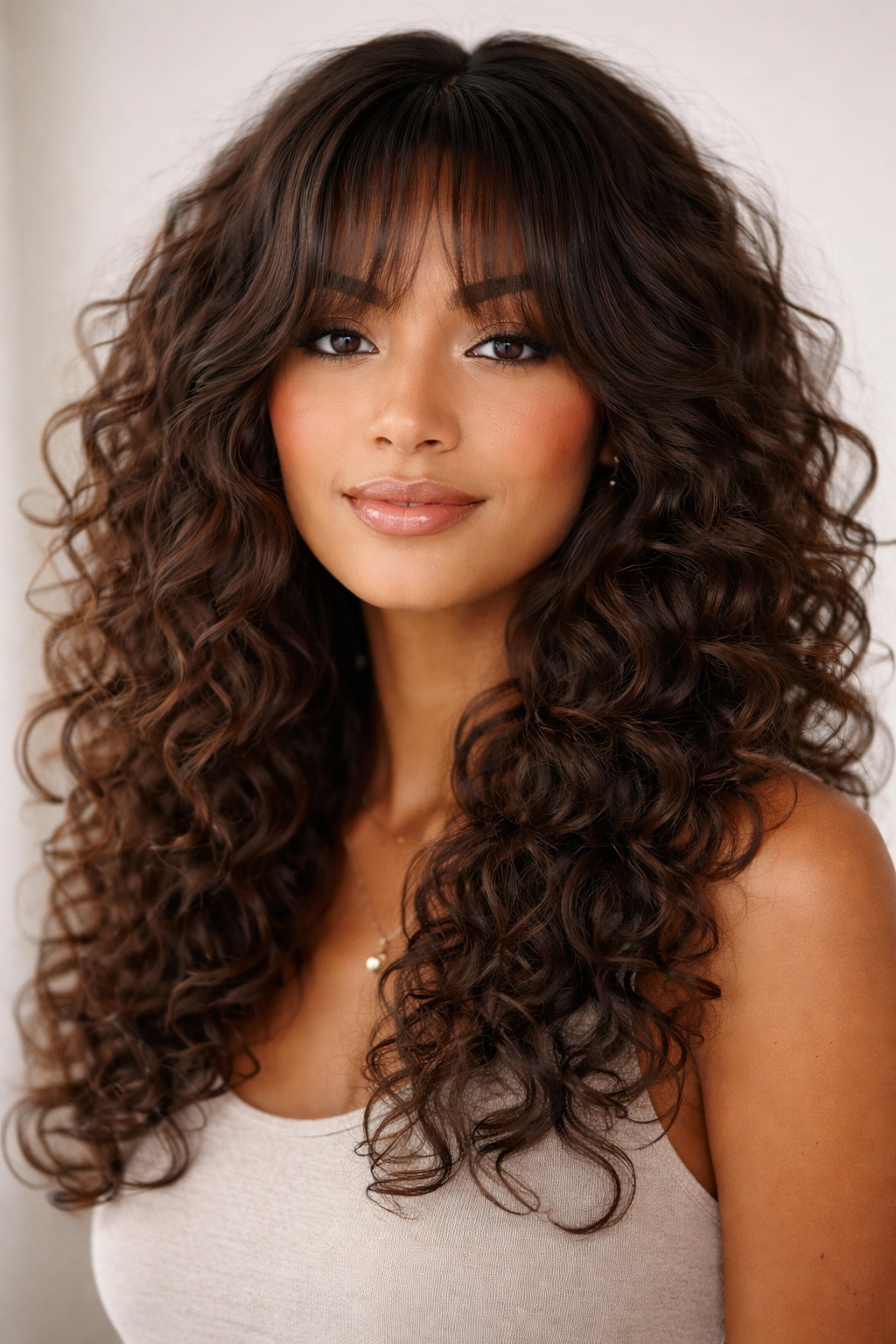 Portrait of long layered bangs blending into curls on a curly-haired model