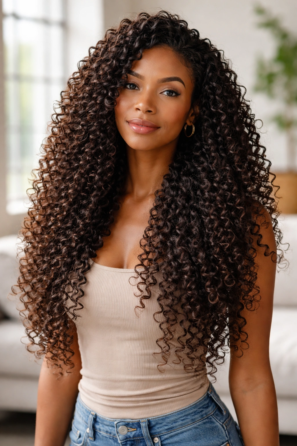 Full-length portrait of long layered coils with cascading curls