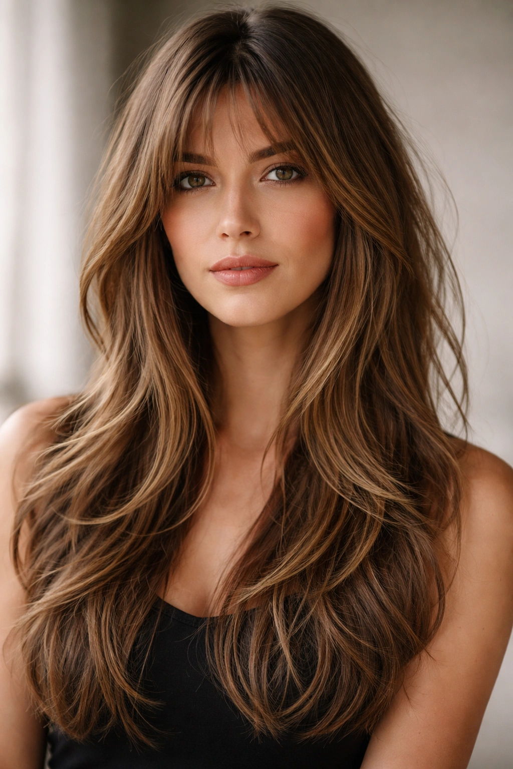 Close-up of a long layered hairstyle with minimal face-framing bangs highlighting texture