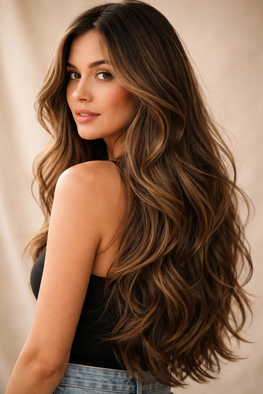Portrait of a model with a long layered mane of wavy hair.