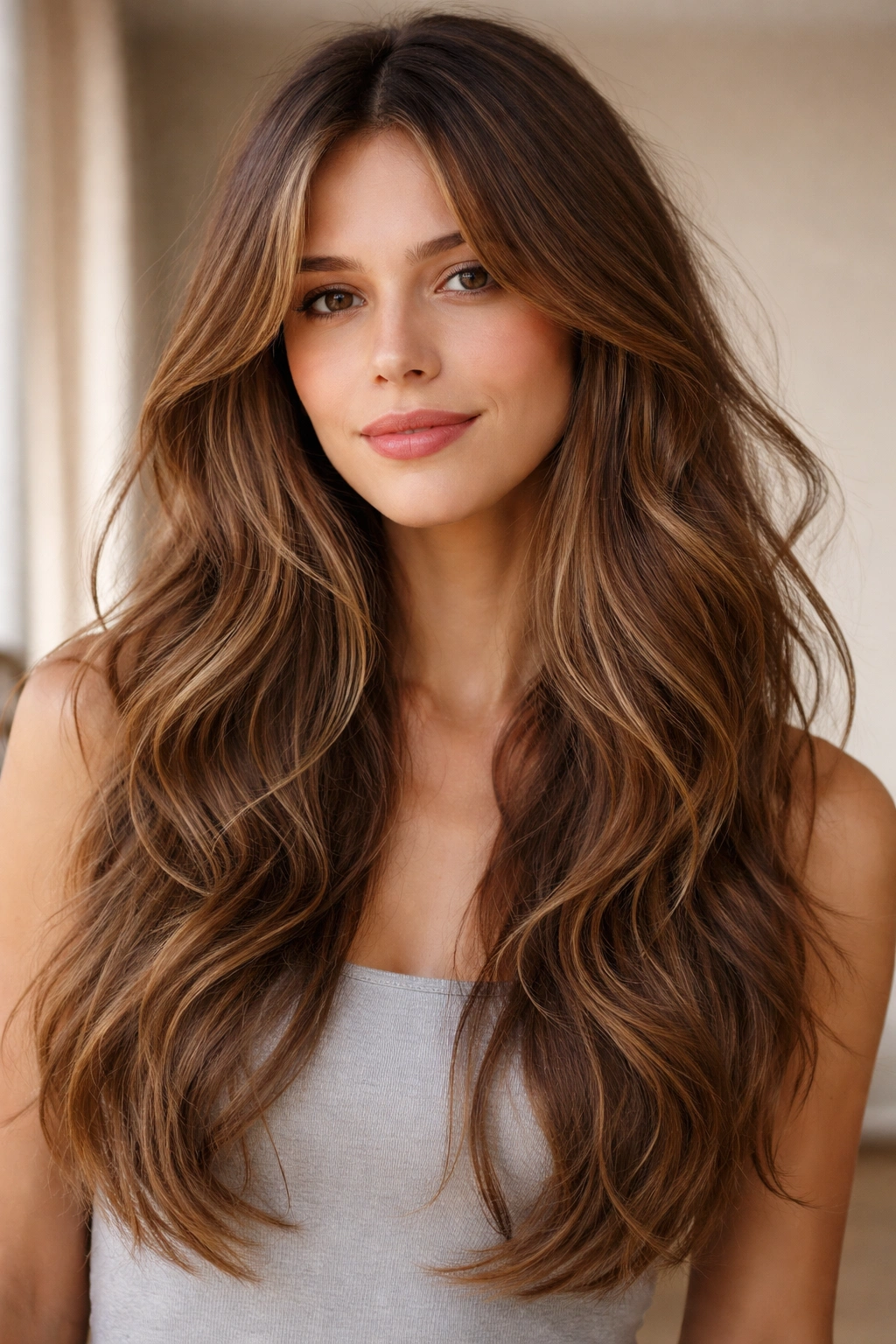 Long, layered waves reaching mid-back with natural texture.