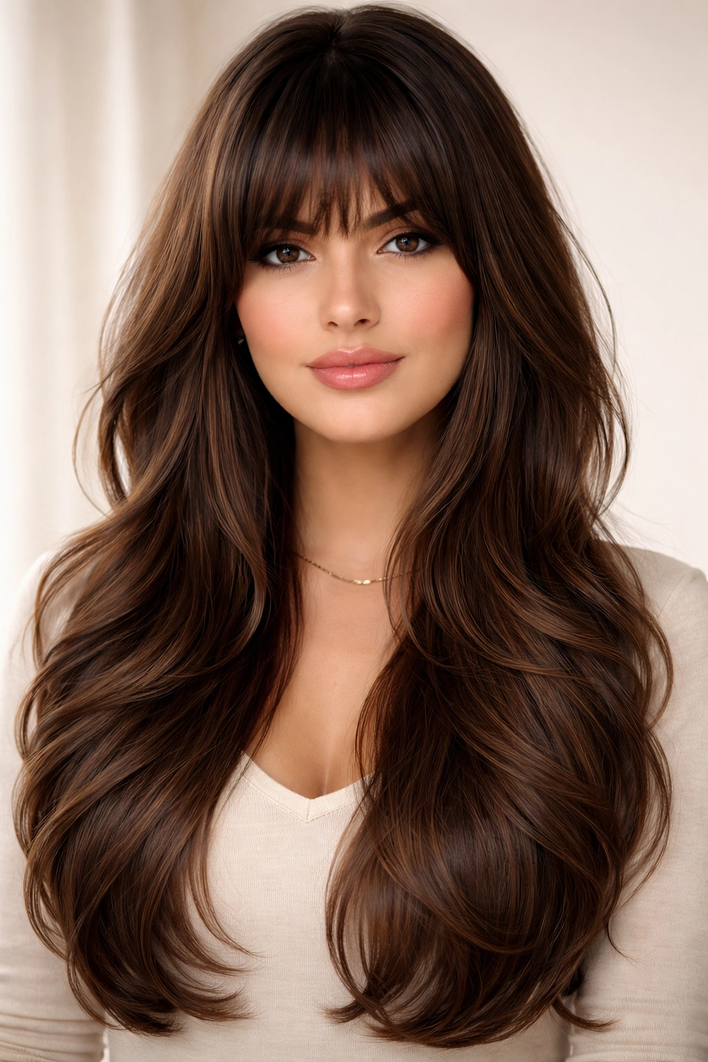Long layered hairstyle with heavy textured bangs framing the face.