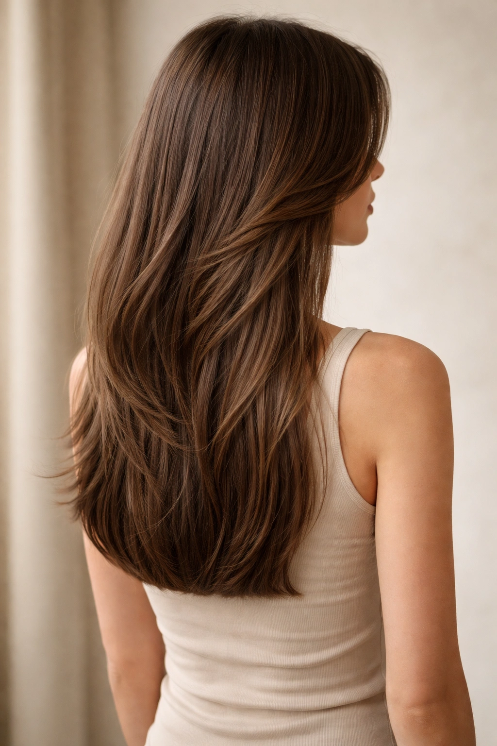 Close-up of long layered hair with a blunt back, showing texture and layers