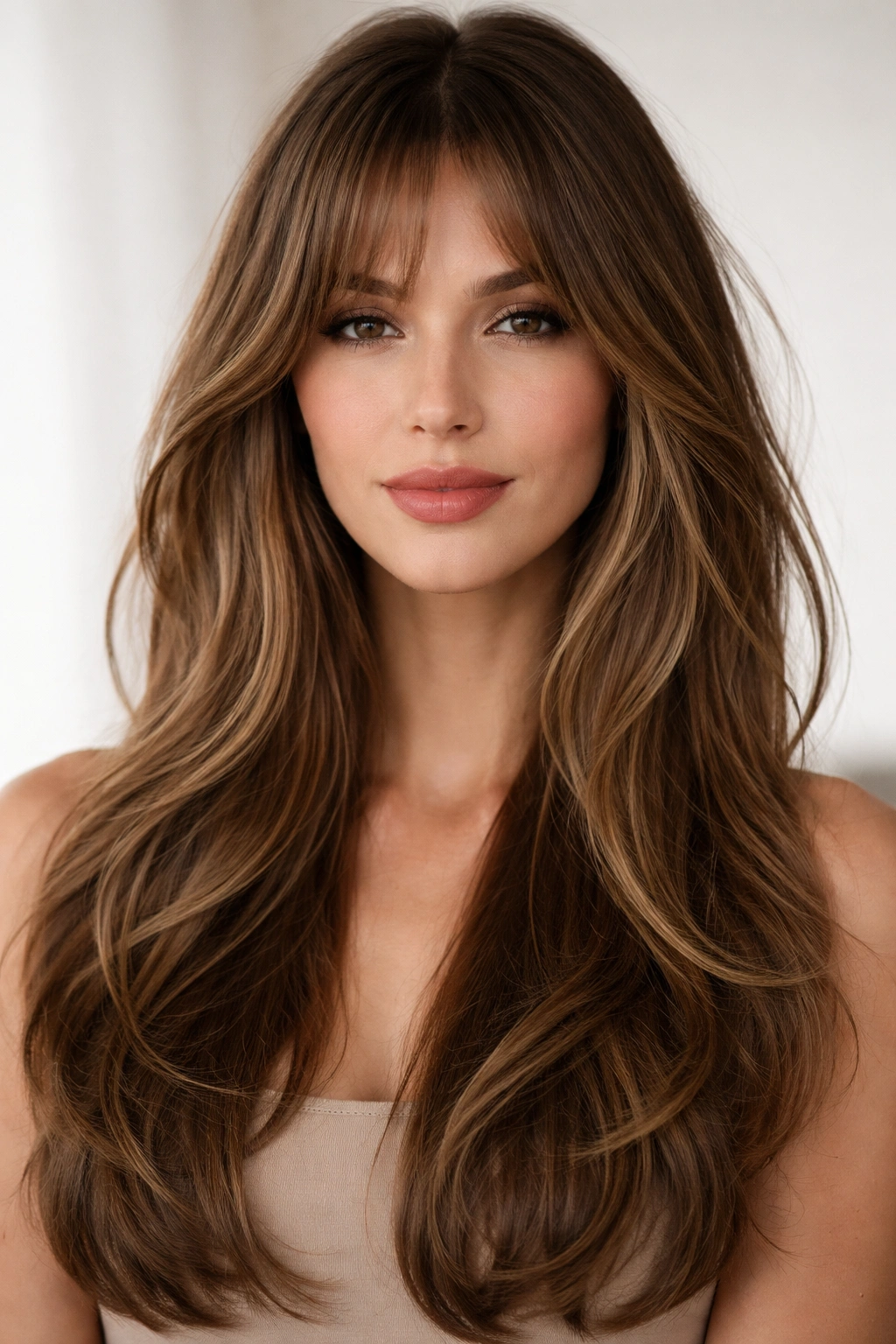 Model with long layers and curtain bangs framing the face to balance length