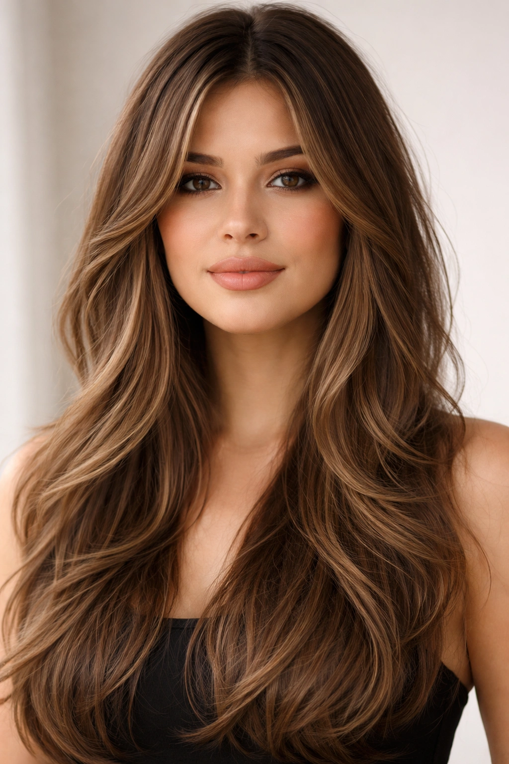 Close-up of long layered hair with face-framing pieces to elongate the face
