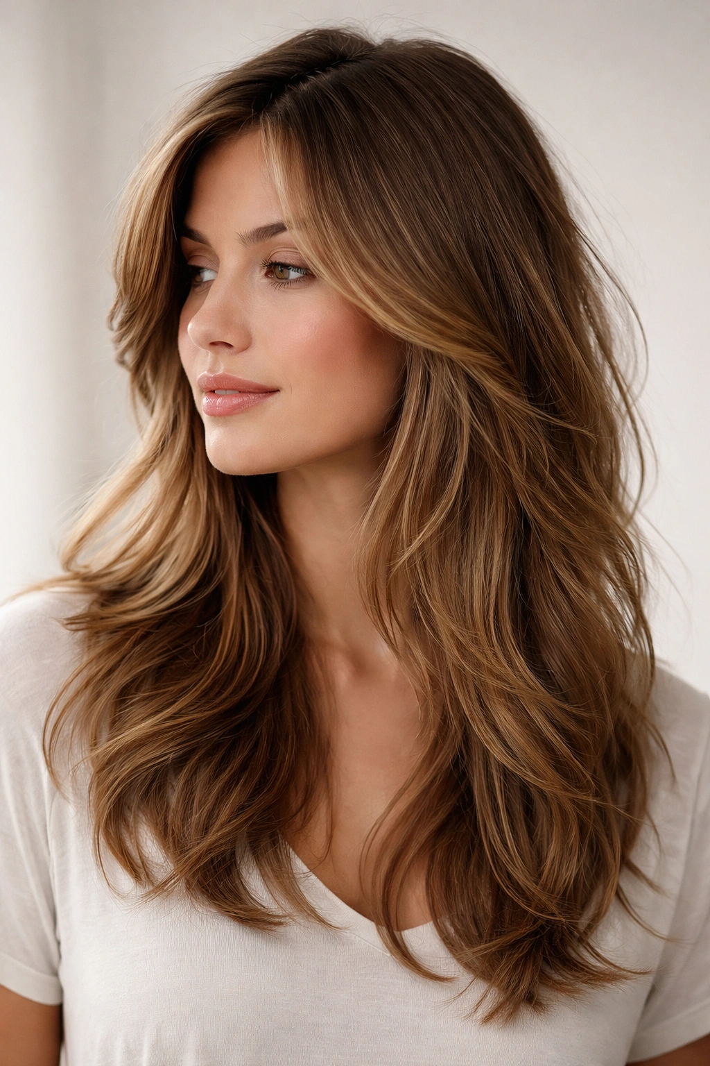 Shoulder-length hair with long layered ends creating movement