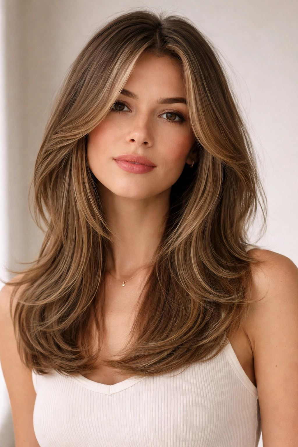 Shoulder-length hair with gentle, gradual long layers and minimal chop