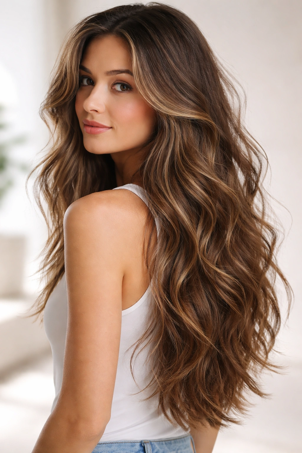 Long layered waves creating movement and volume in hair