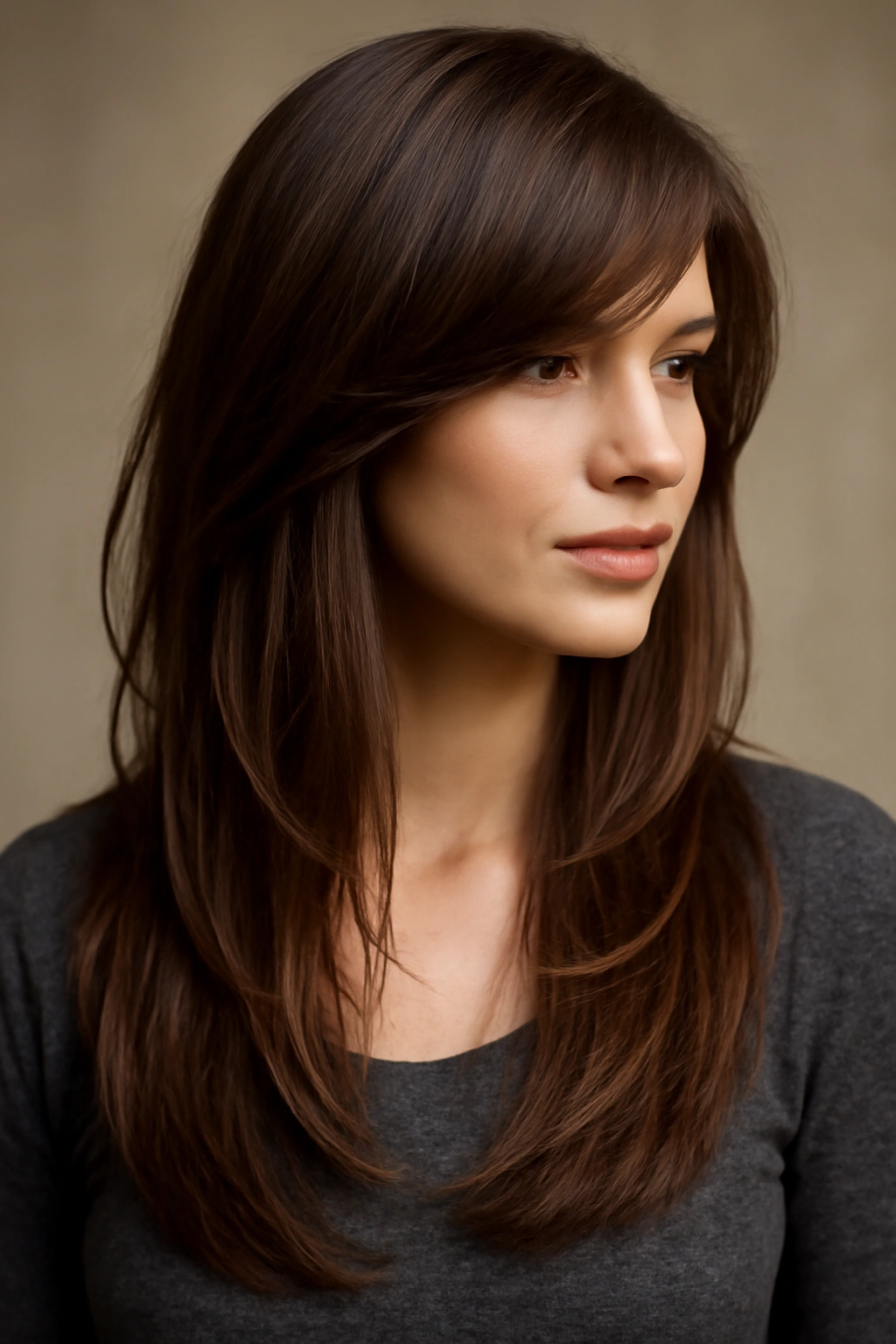 Profile view of long layered hair with side-swept bangs