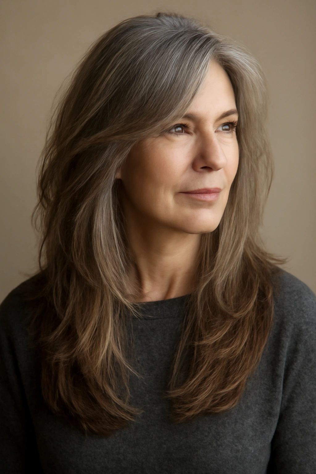 Long hair with textured layers from chin to ends showing movement