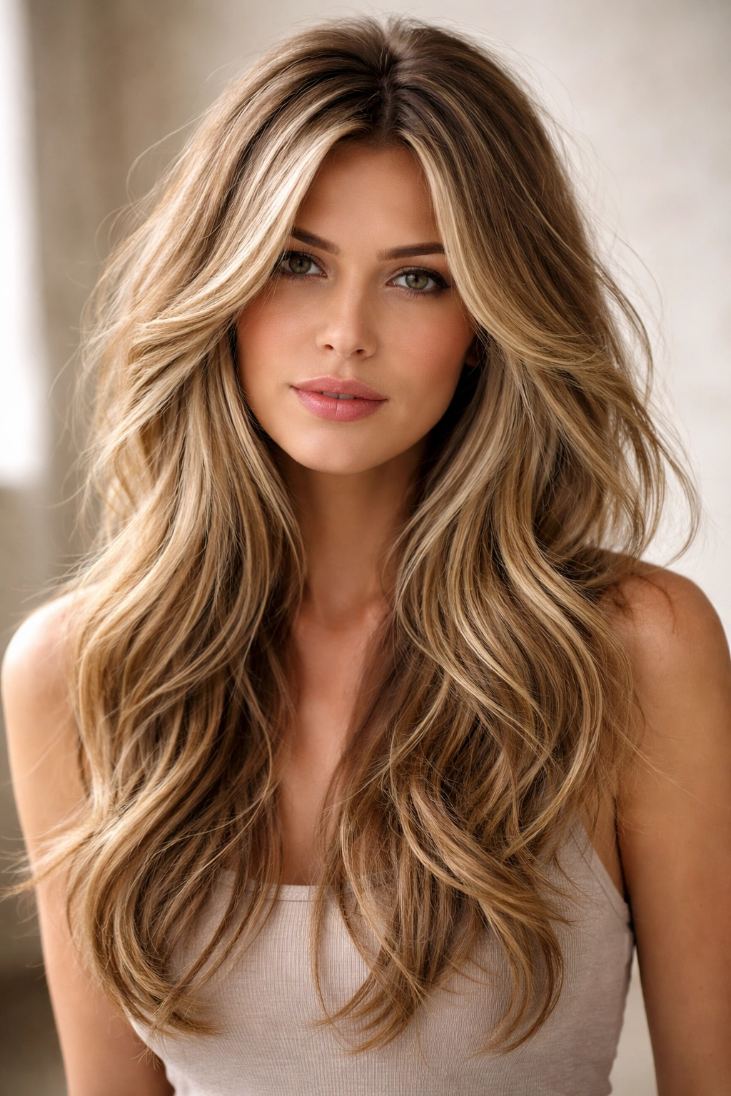 Full head portrait of fine wavy hair with aggressive long layers and crown lift.