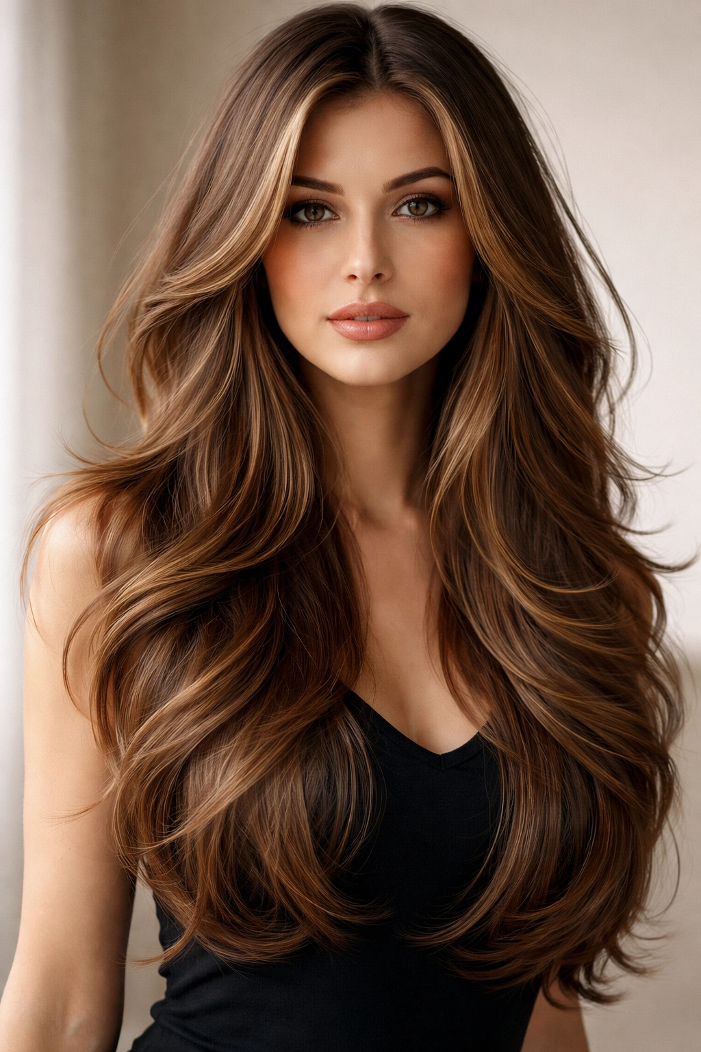 Long hair with visible layers creating volume in a studio portrait.