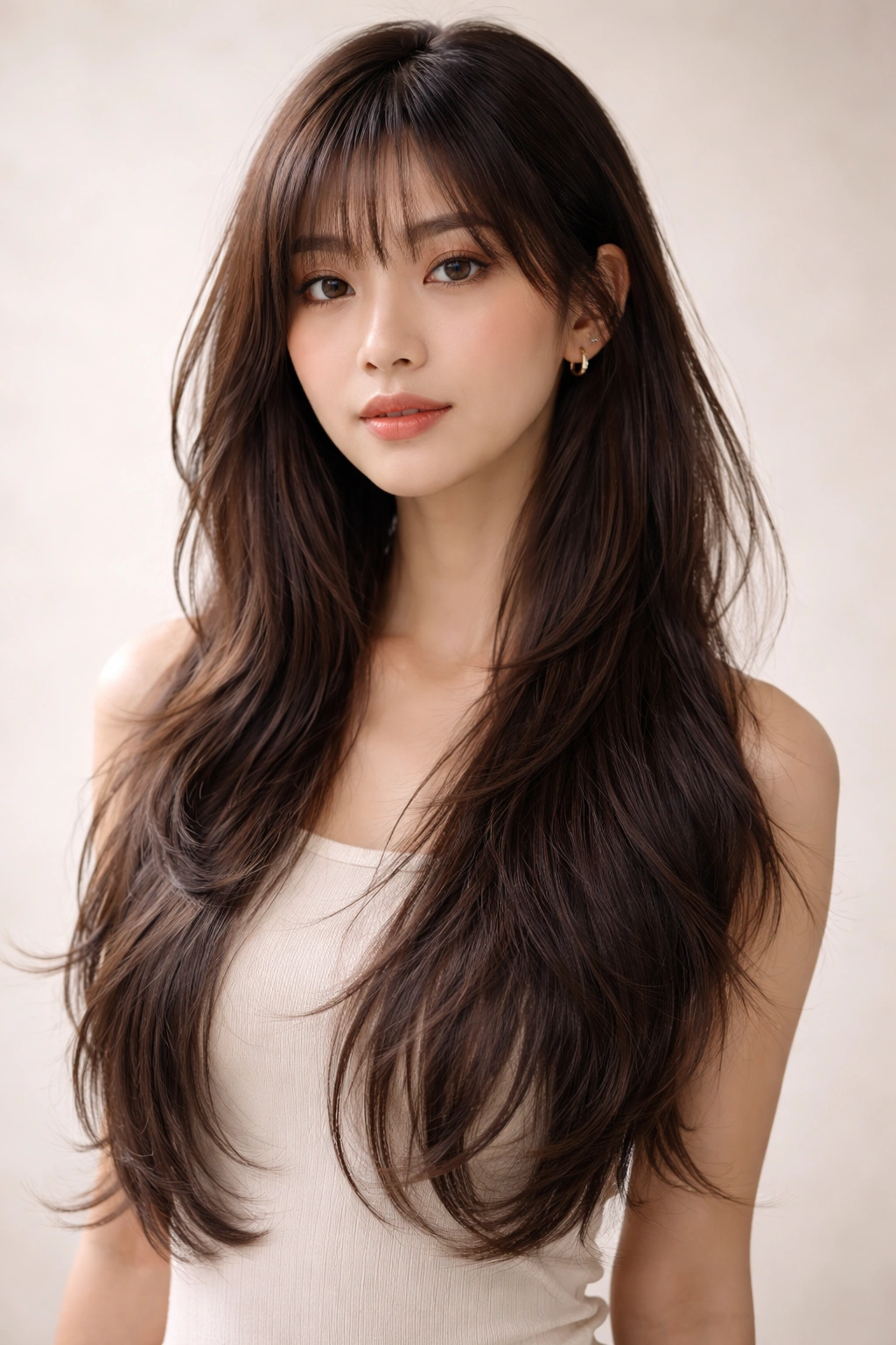 Long layered hair with wispy bangs skimming the eyebrows