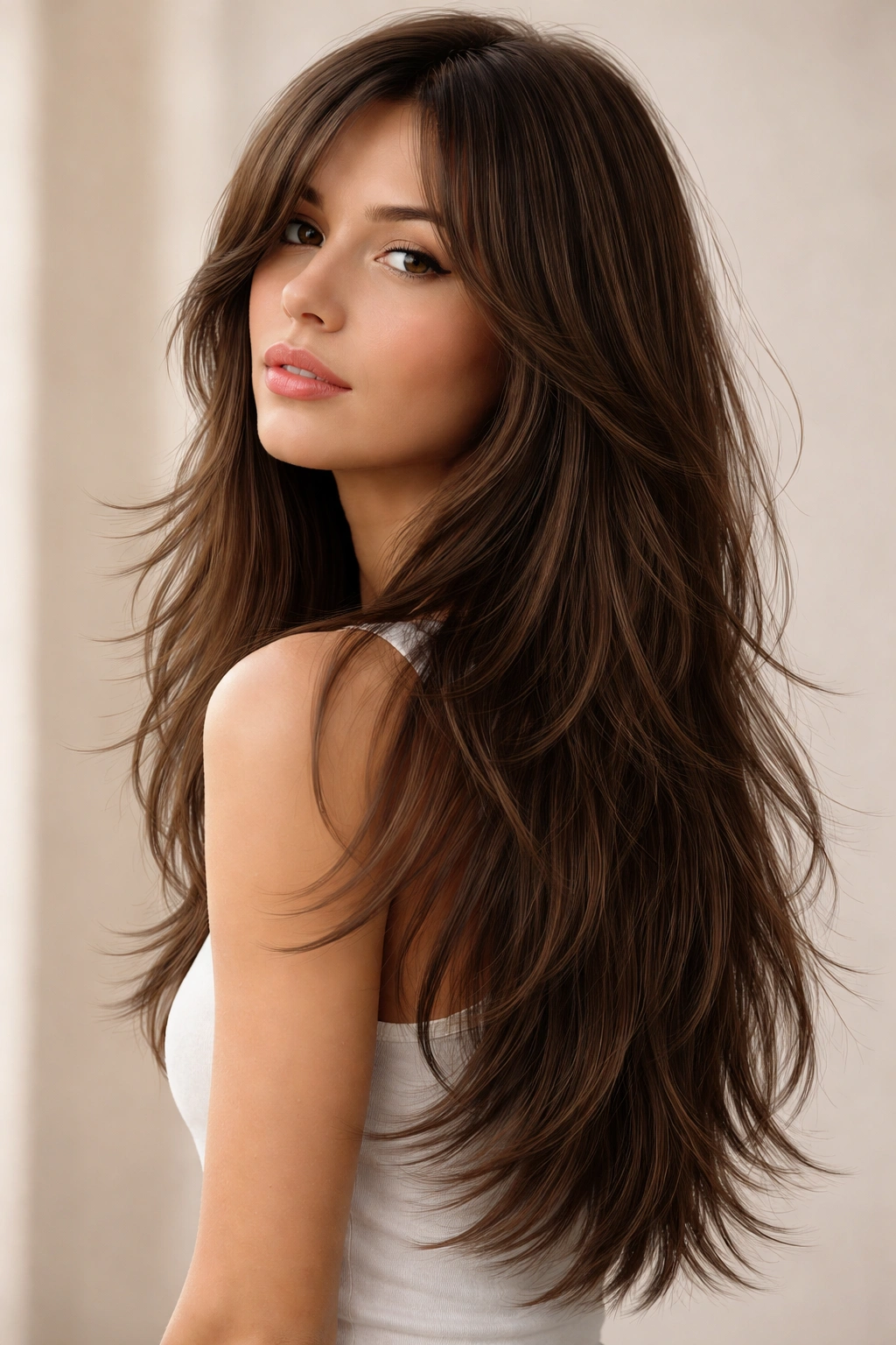 Long hair with mid-length layers and wispy ends.