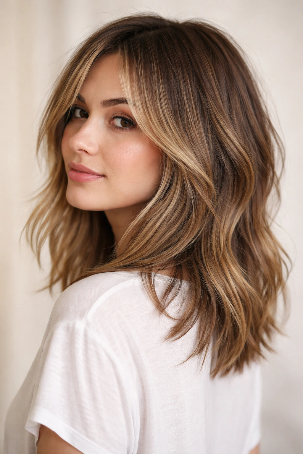 Shoulder-length lob with mid-length to collarbone choppy layers showing texture