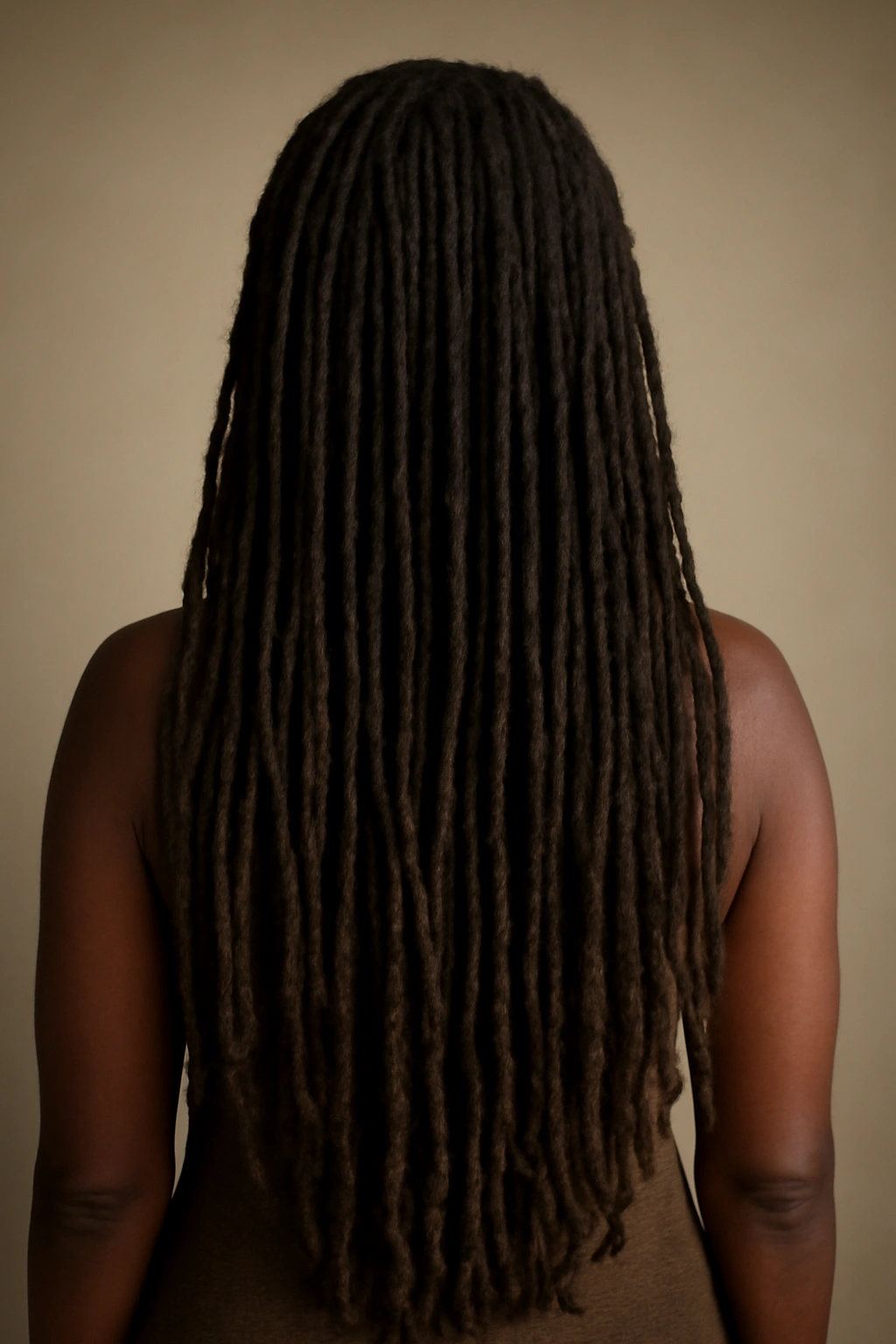 Back view of fully mature long locs 28-36 inches with natural texture