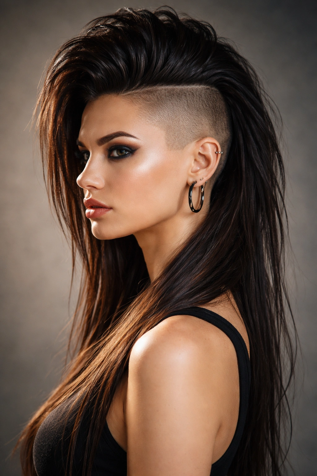Full head view of a long mohawk with shaved sides highlighting the vertical hairline