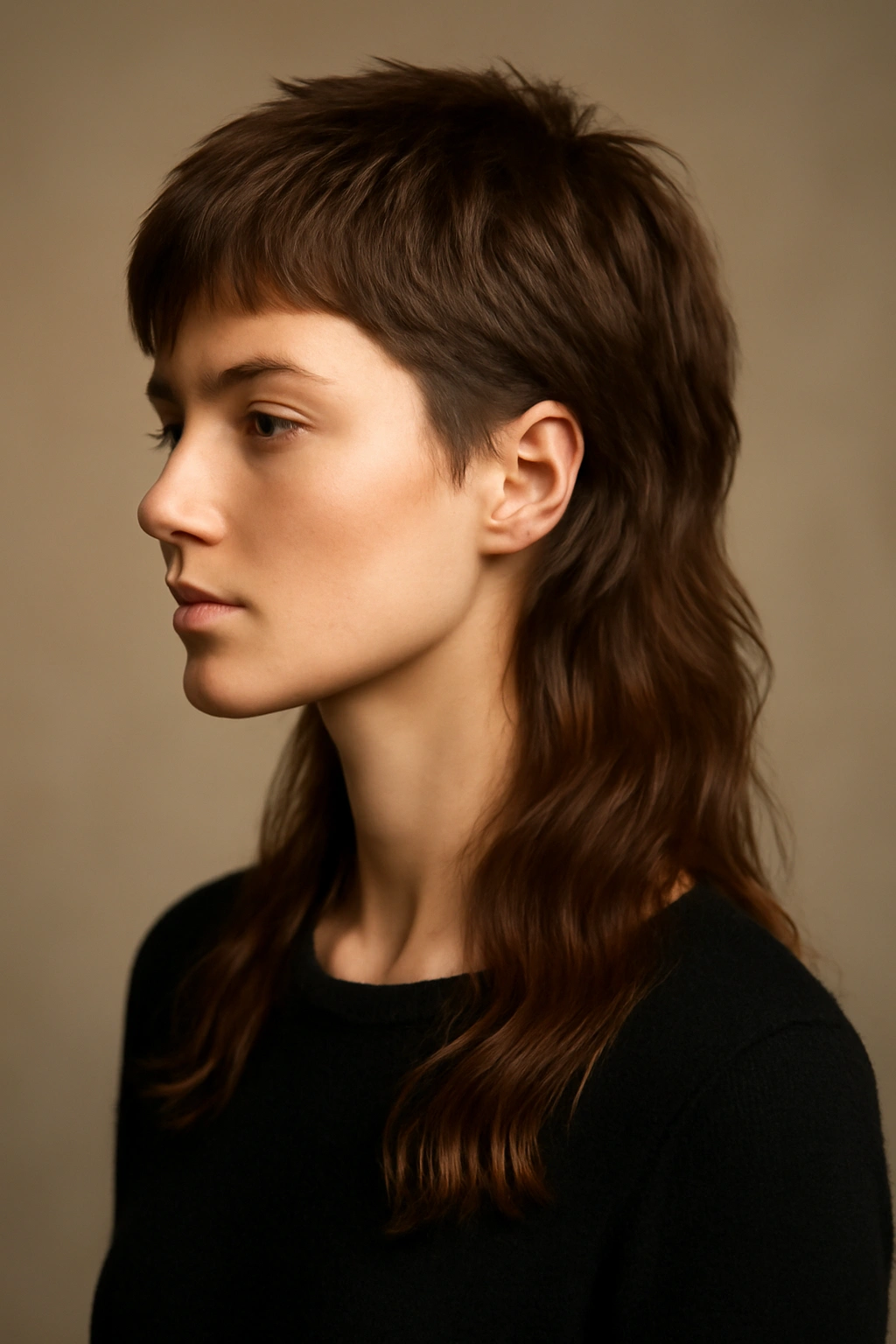Long mullet with sculpted top and long textured back portrait