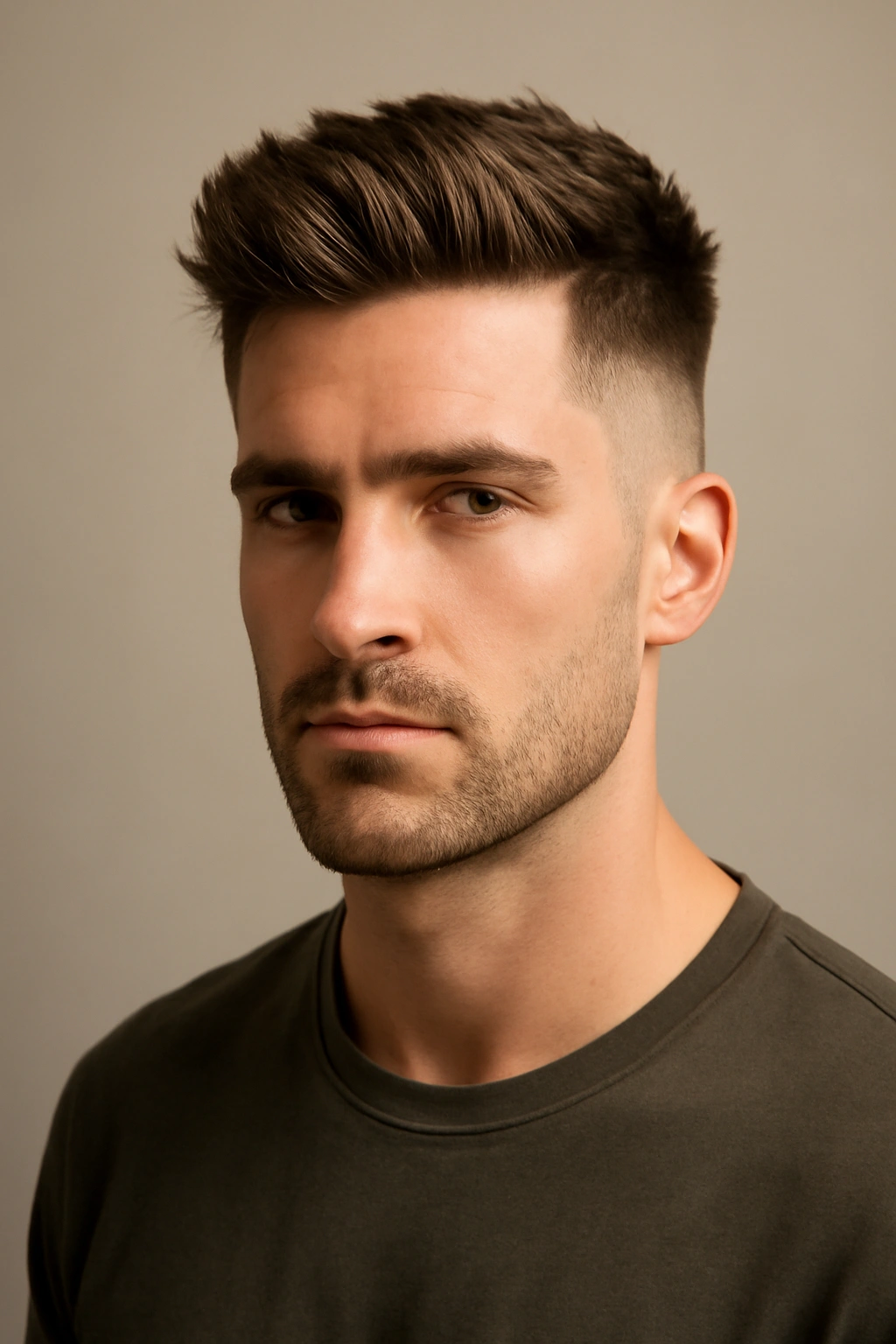 Portrait of a man with long top and faded sides, showing volume and fade