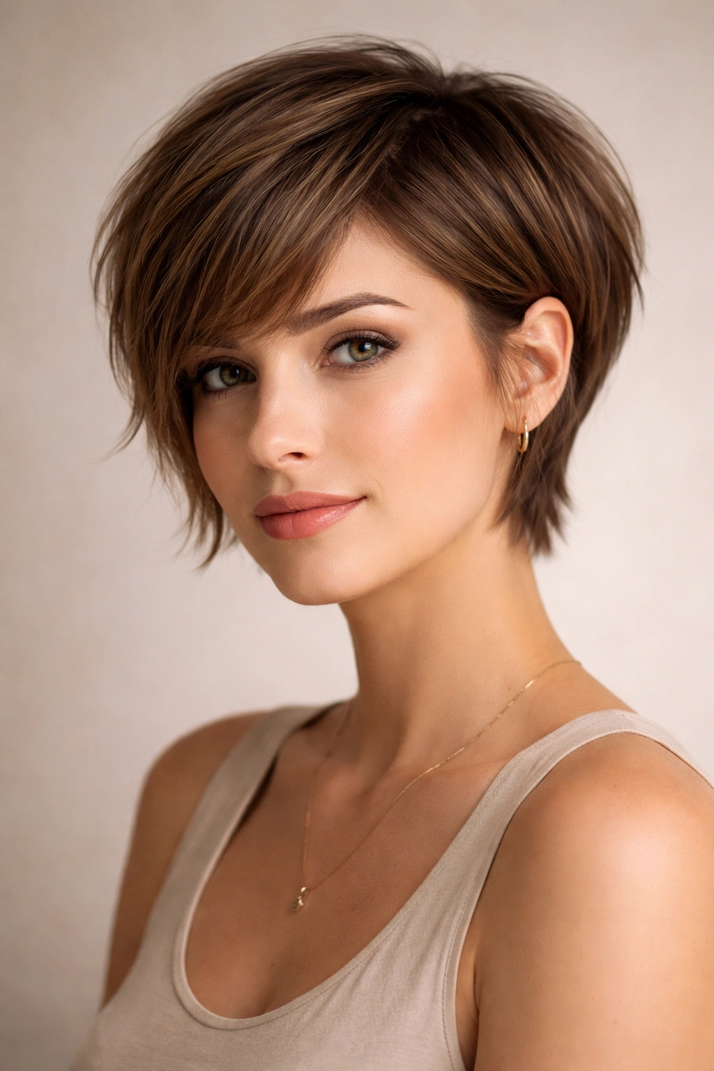 Portrait of a long pixie hybrid with longer front and back