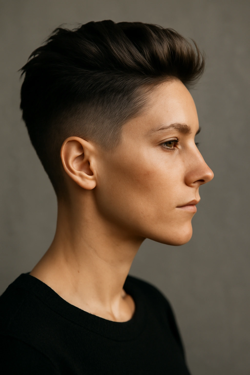 Side-profile portrait showing a long pixie top with a shaved undercut