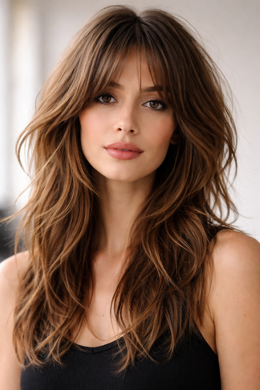 Long shag haircut close-up with layered texture and cheek-width balance
