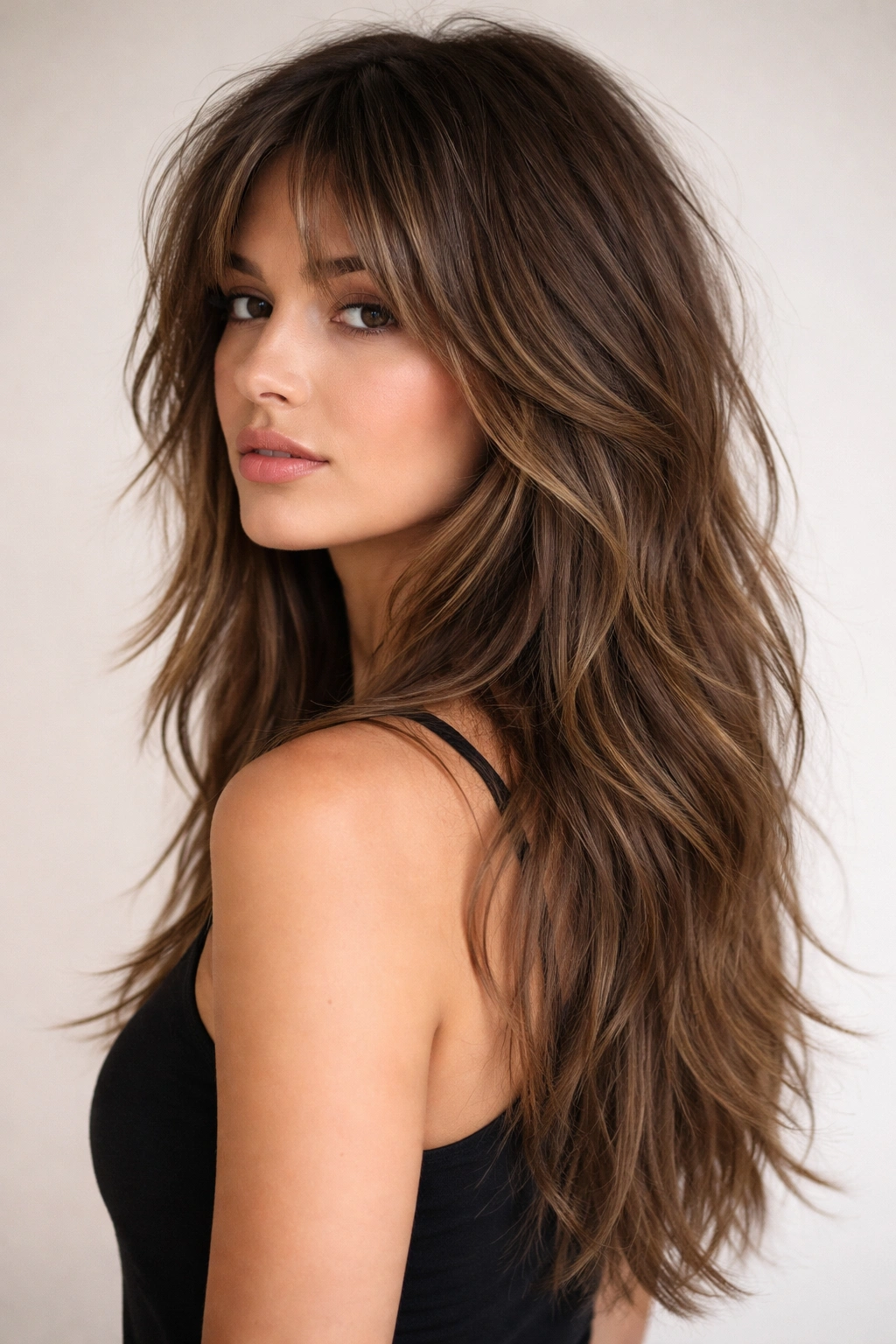 Long choppy shag hairstyle with shoulder-length to longer back, featuring face-framing shorter pieces and layered back.