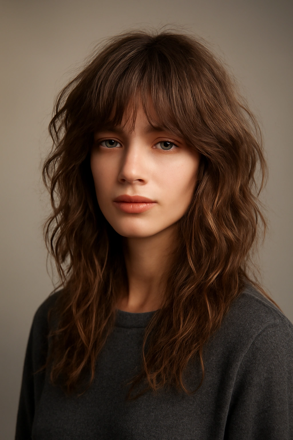 Full head and shoulders view of a long layered shag hairstyle