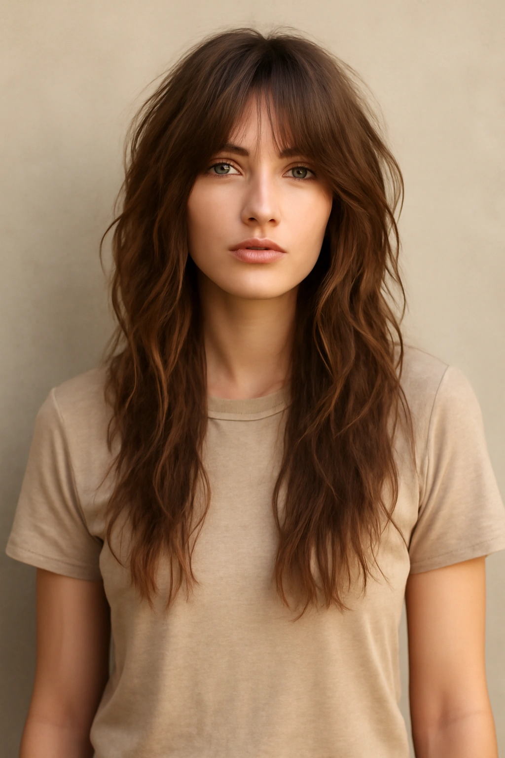 Full-length shot of The Long Shag with Face-Framing Layers showing front layers cascading to back