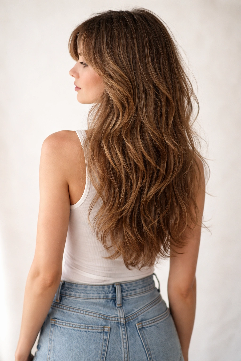 Full-length shot of a model with a long shag reaching mid-back and subtle layers.