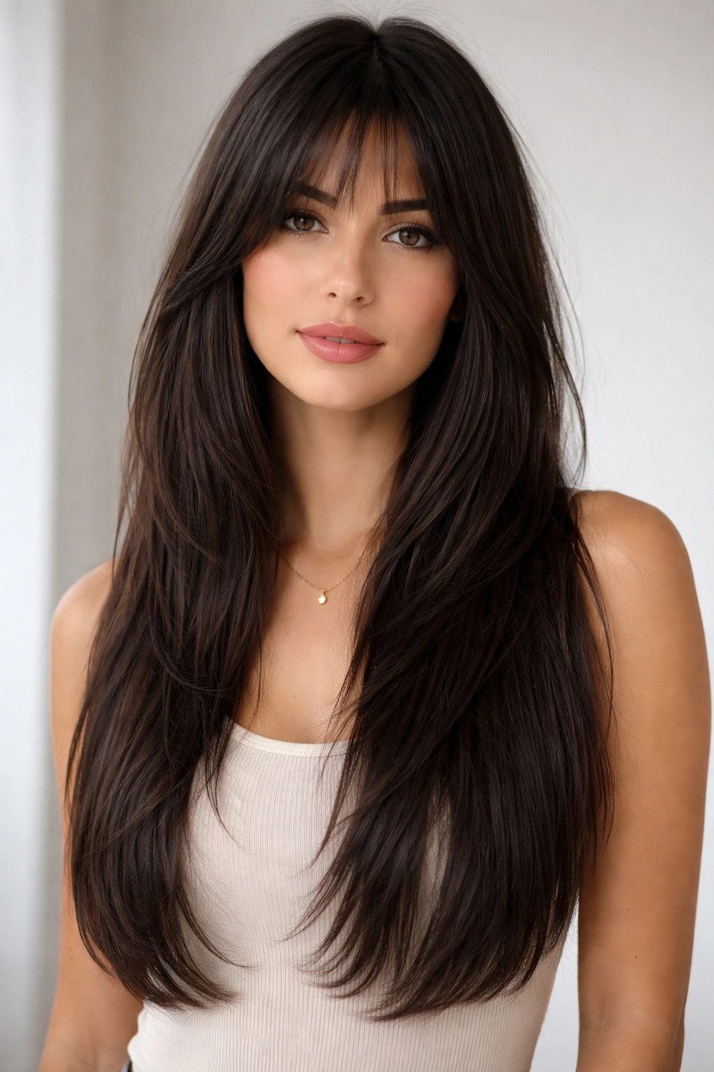 Long shag hairstyle on thick straight hair with subtle blended layers