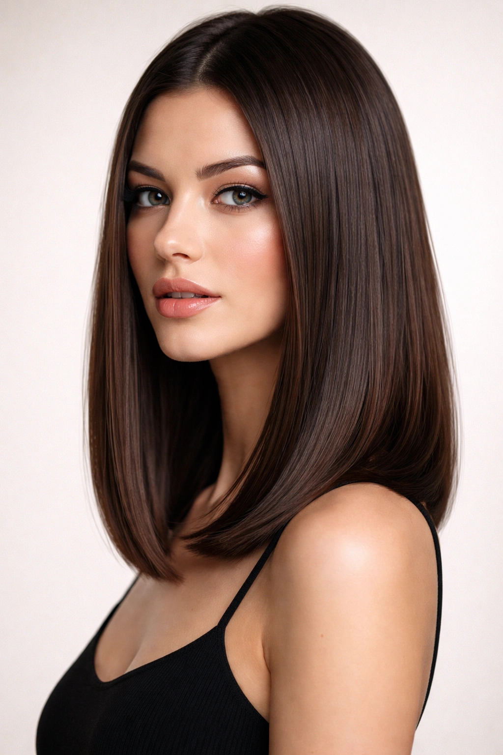Shoulder-length sleek lob with polished straight finish