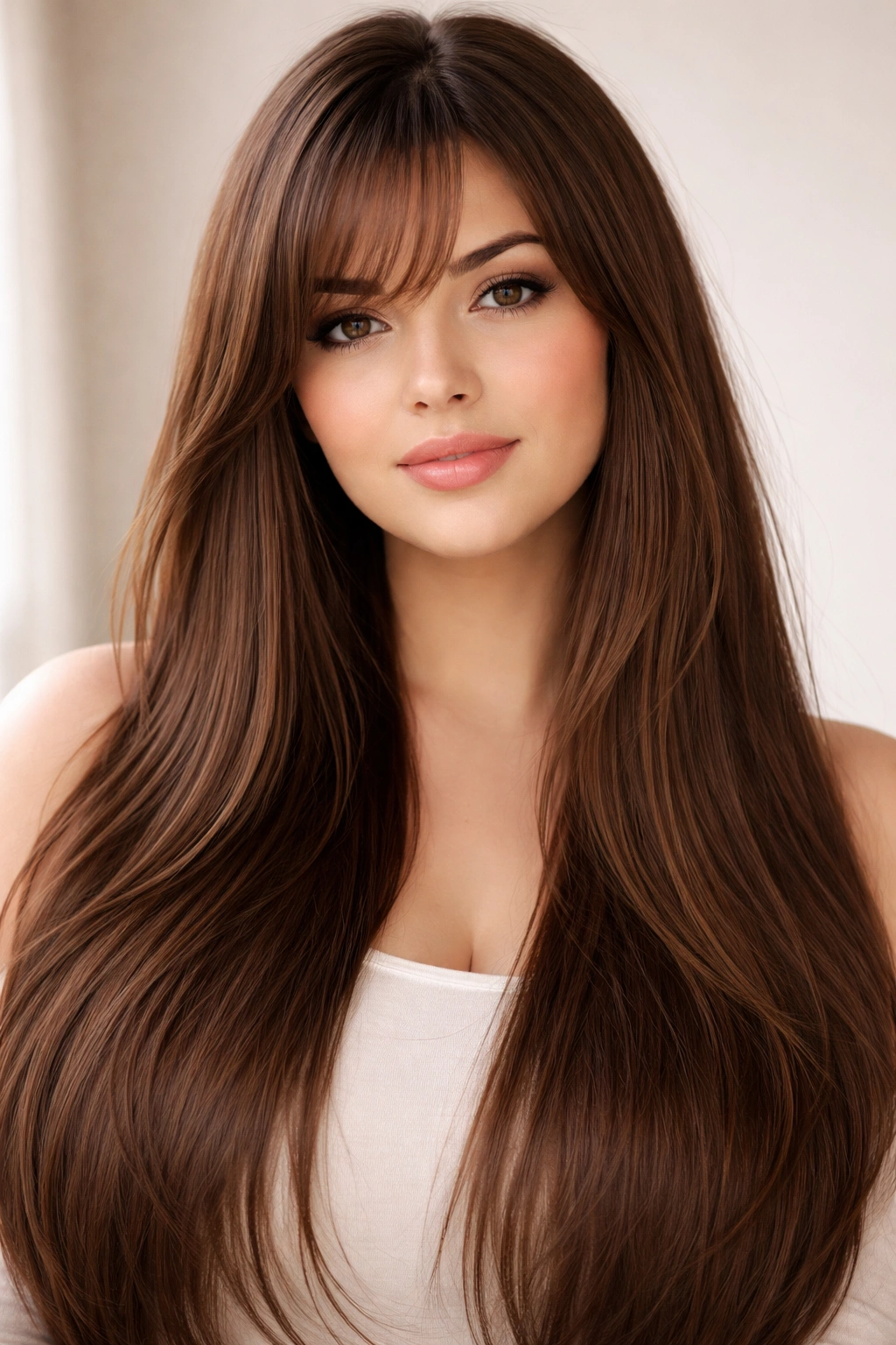 Long straight cut with wispy side bangs that elongate the face