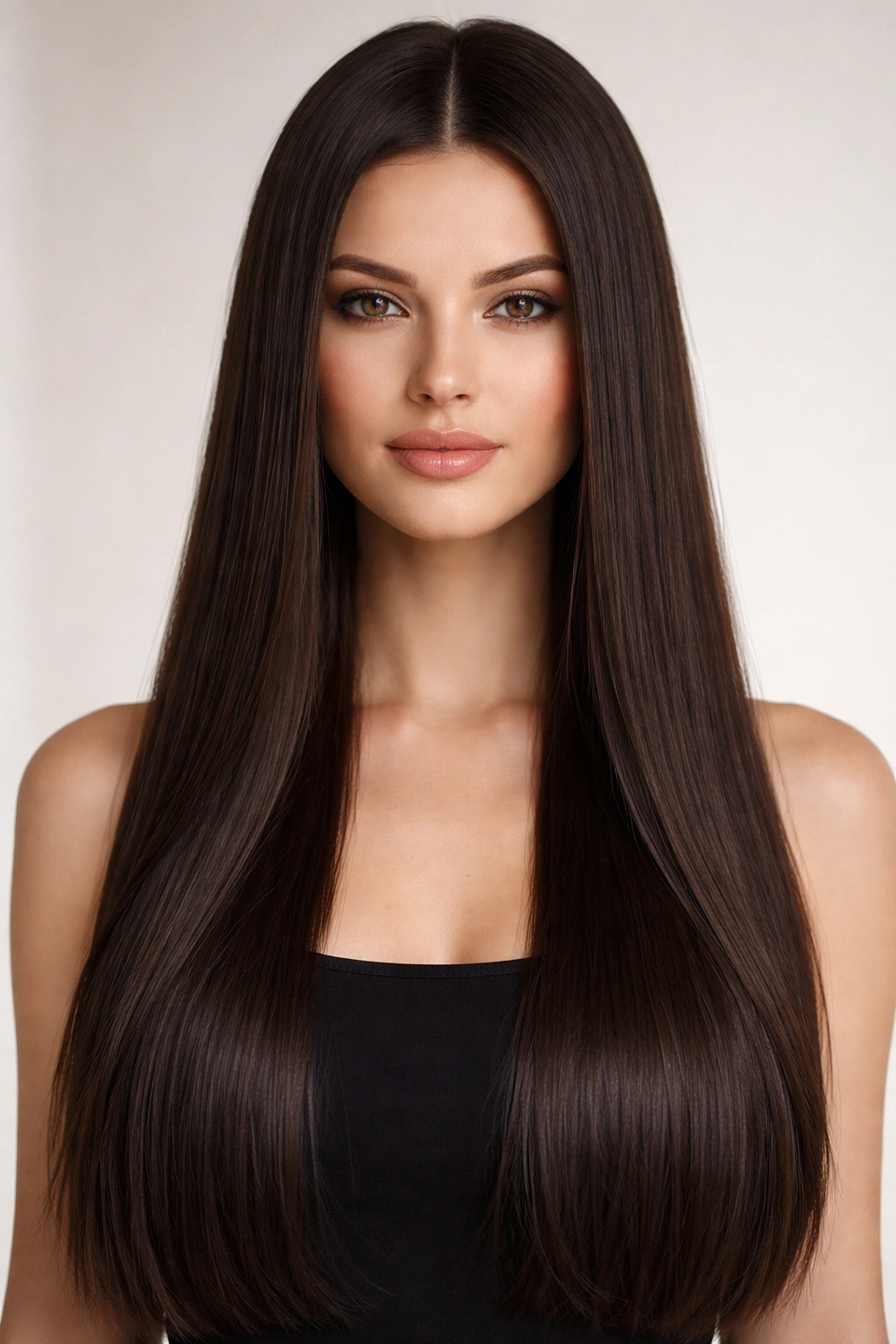 Ultra-long straight hair with a center part on a square-face silhouette