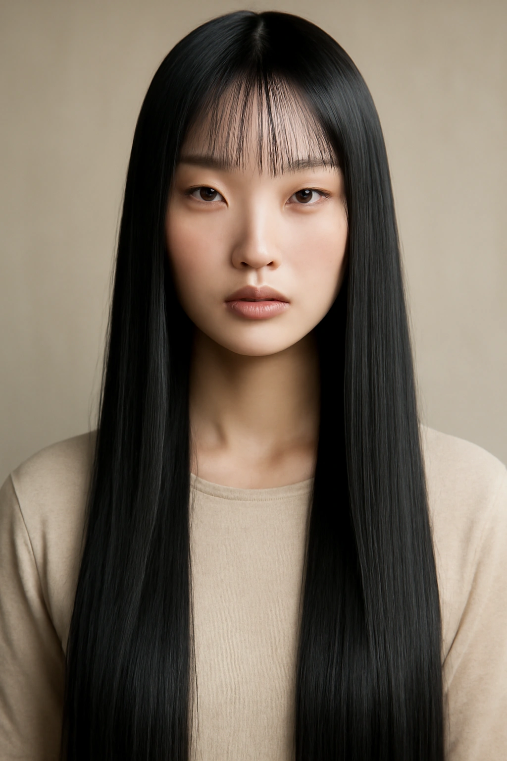 Long straight hair with micro bangs along lash line, glossy and sleek.