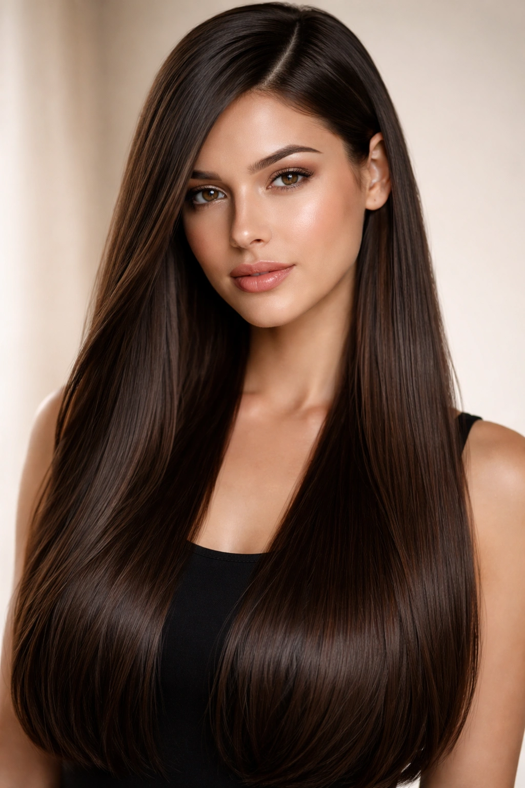 Portrait of long straight hair with a deep side part.