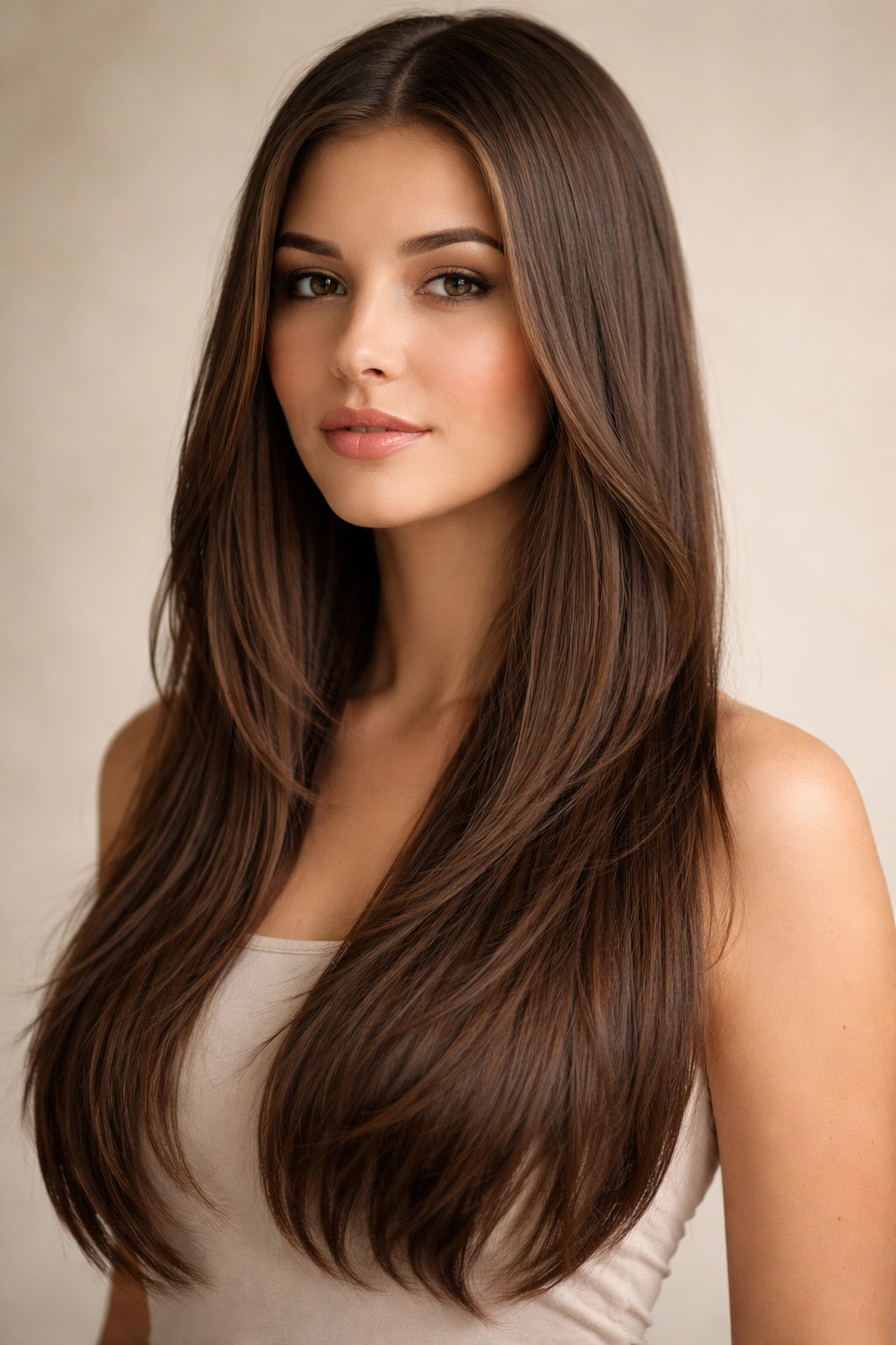 Close-up of long straight hair with subtle layers in a studio