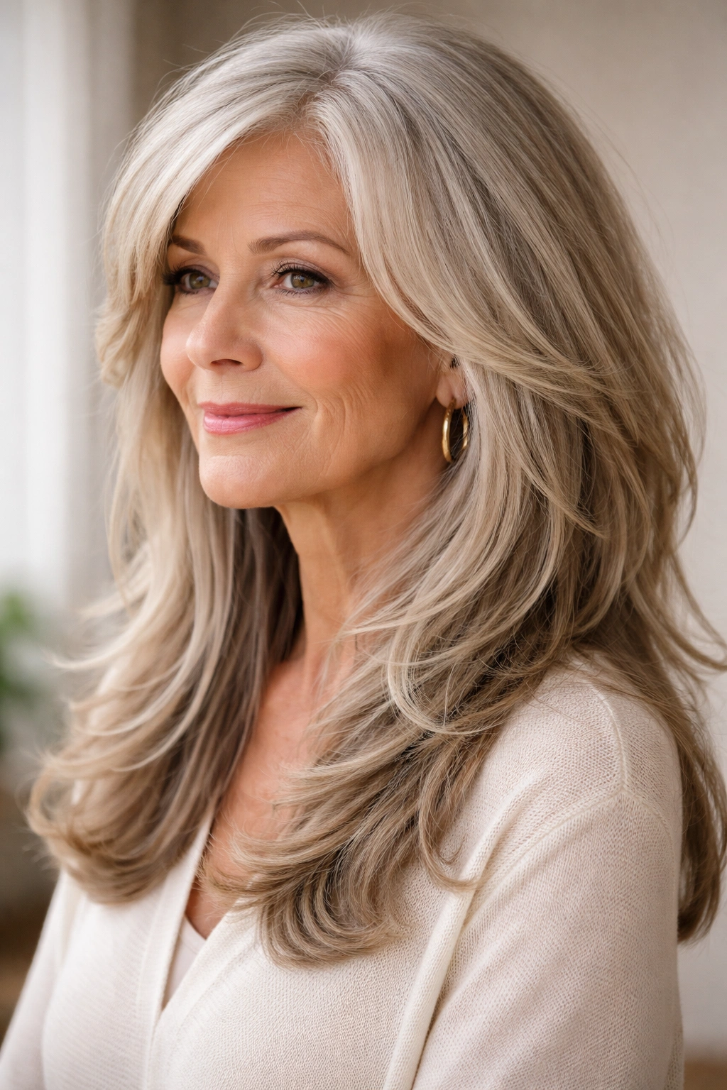 Portrait of a woman with a long textured cut and face-framing layers.
