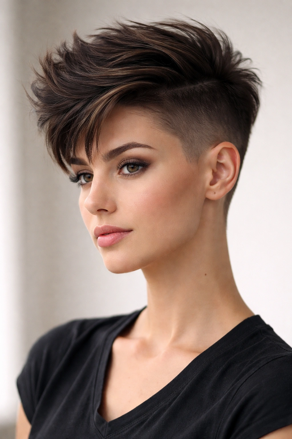 Long top pixie with cropped sides in studio lighting