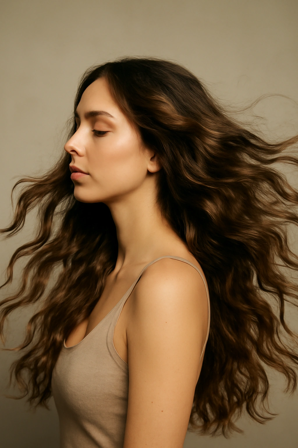 Long, loose waves cascading through long hair with subtle movement