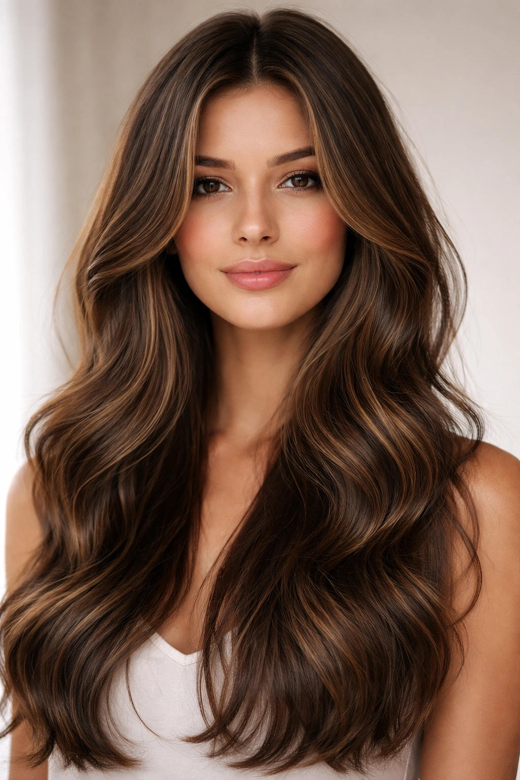 Close-up of long waves with curtain layers framing the face in diffused studio light
