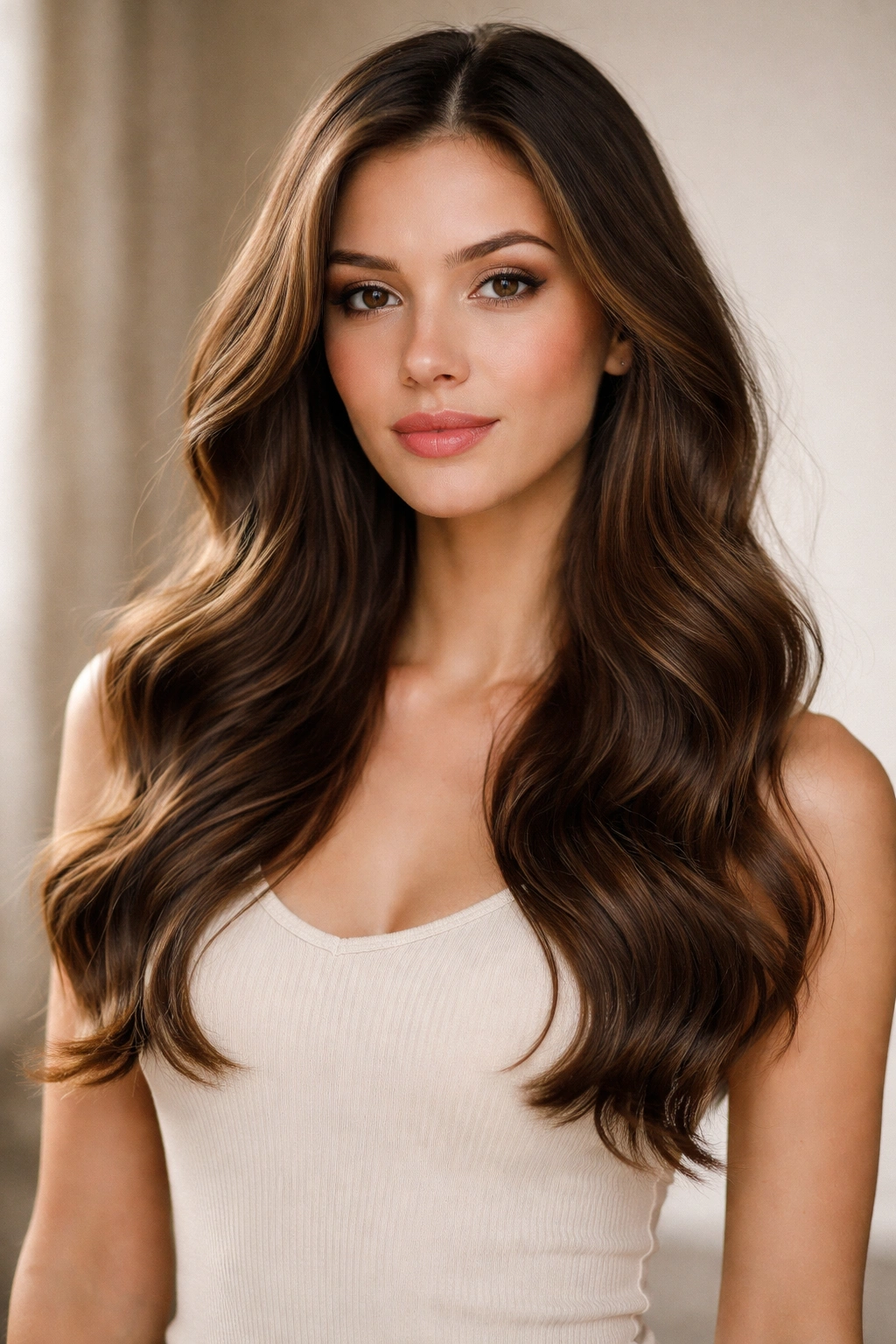Long waves on heart-shaped face with mid-chest length and balanced jawline.