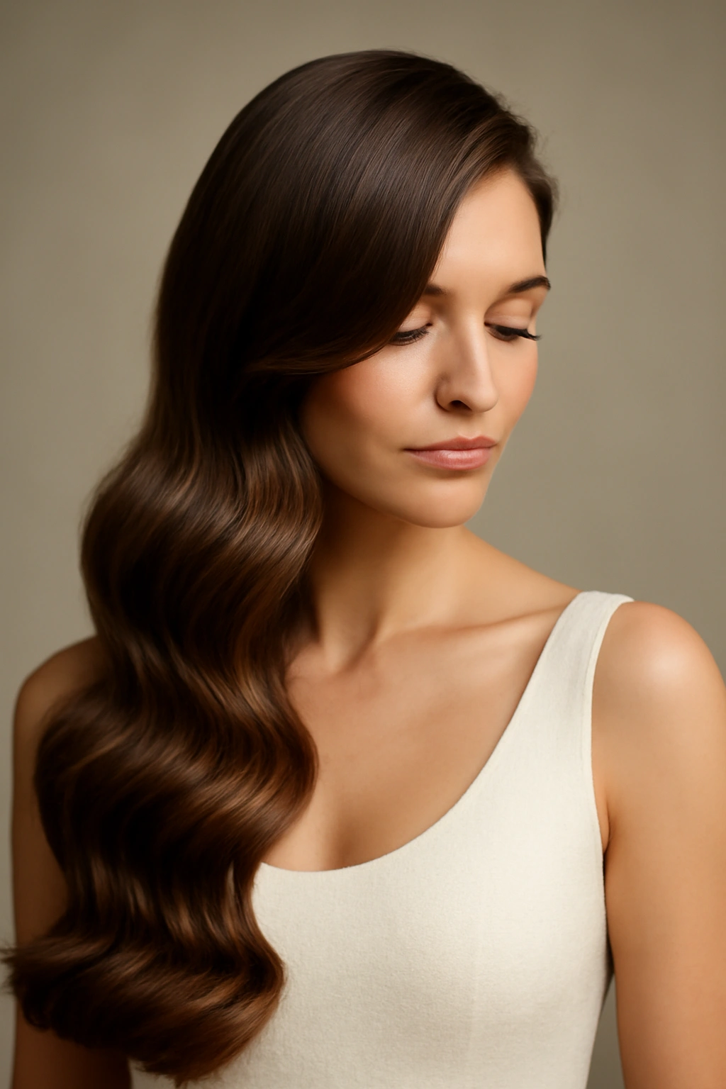 Side-swept long waves cascading to one side with a glossy finish