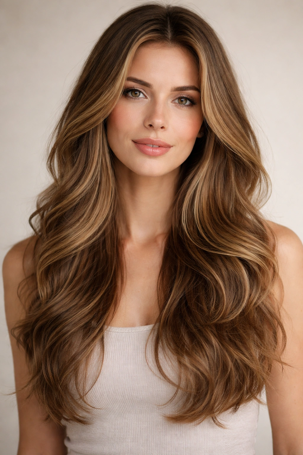 Long wavy layers hairstyle without bangs showing cheekbone-width balance