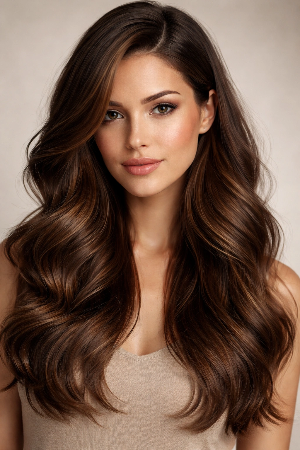Long wavy hair with a deep side part cascading to one side