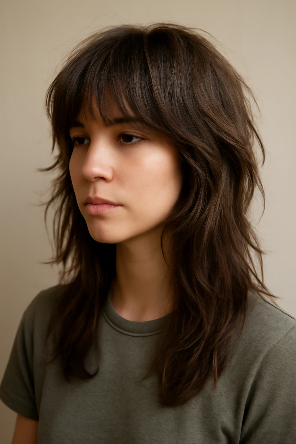 Close-up of long wispy shag hair with feathered layers framing the face