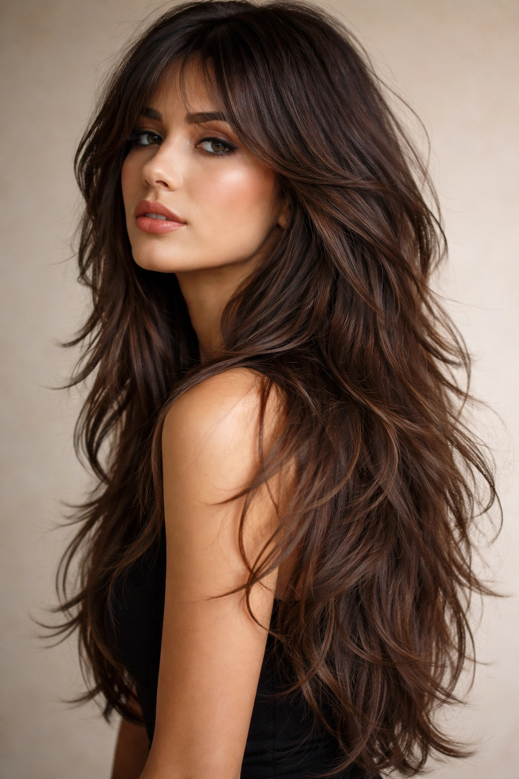 Long wolf cut on thick, voluminous hair with layered movement
